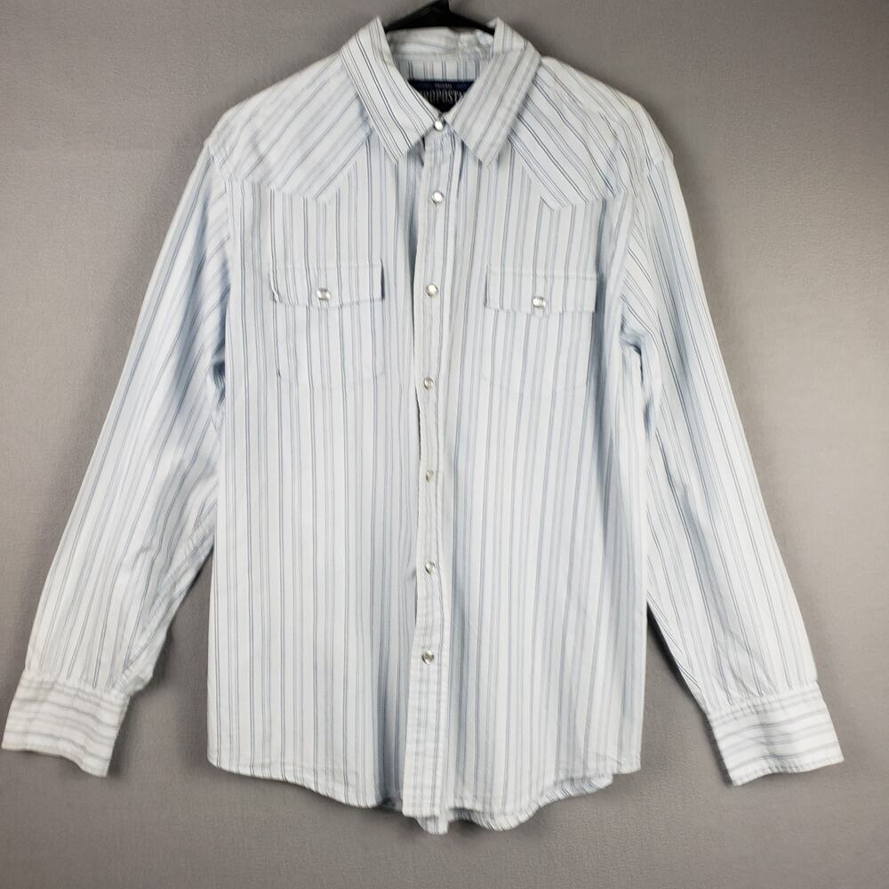Aeropostale Mens M Long Sleeve Pearl Strap Button Up White Blue Pinstripe Office